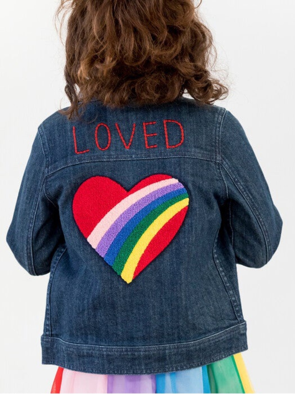 Hanna Andersson Denim "LOVED" Rainbow Patches Dark Jean Jacket EUC Girls' 130/8